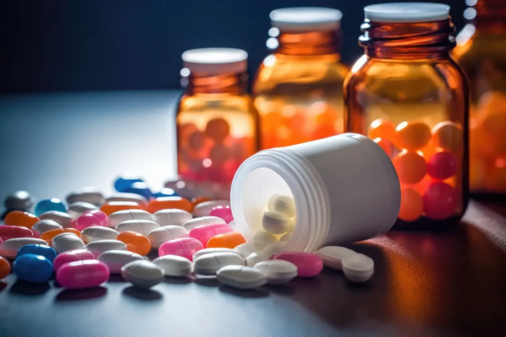 Concerta vs. Ritalin for ADHD Treatment in Adults. Prescription pills spilled from a white bottle with amber pill bottles in the background