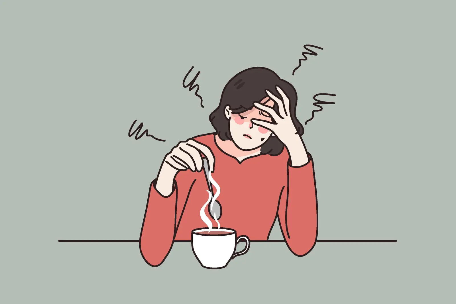 Exhausted young woman sit at table drink coffee feeling drowsy
